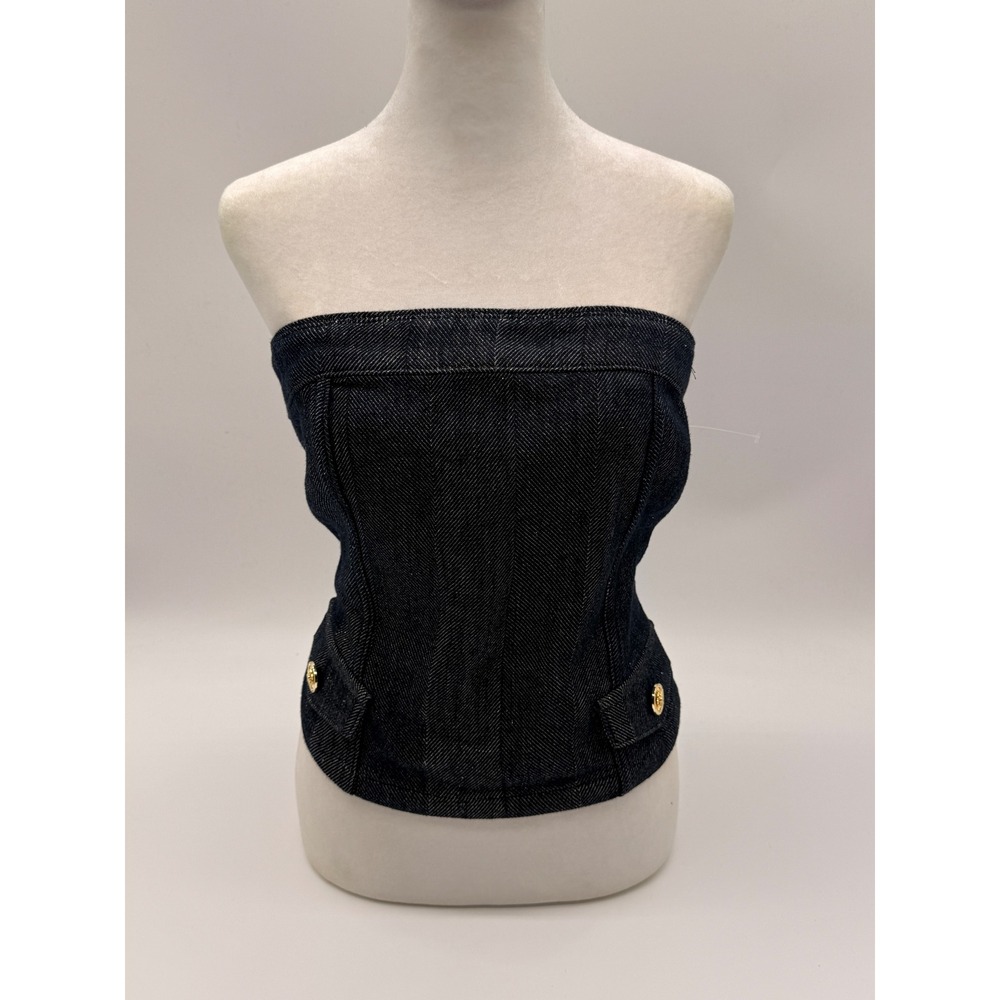 GUESS Strapless Denim Corset Bustier Top Dark Wash Gold Buttons Size Large